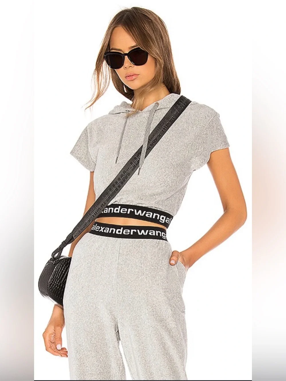 Alexander Wang Stretch Corduroy Cap Sleeve Hoodie in Heather Grey Medium $395